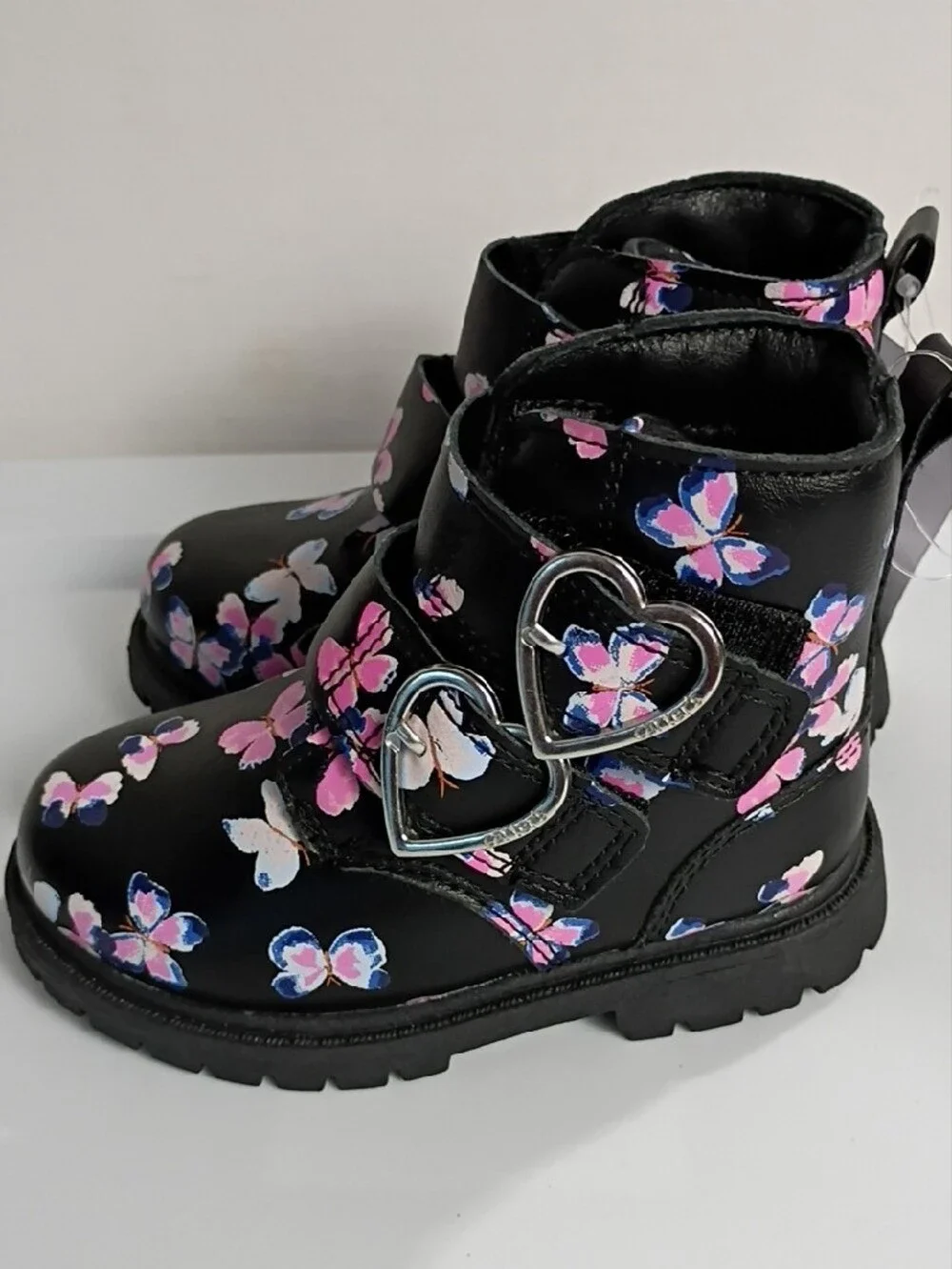 CARTER'S Black Ankle Boots with Heart-Buckles and Pink & Blue Butterflies SIZE 7